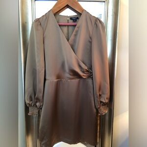 Marciano Guess Satin Wrap-Style Long Sleeve Dress in Olive Green